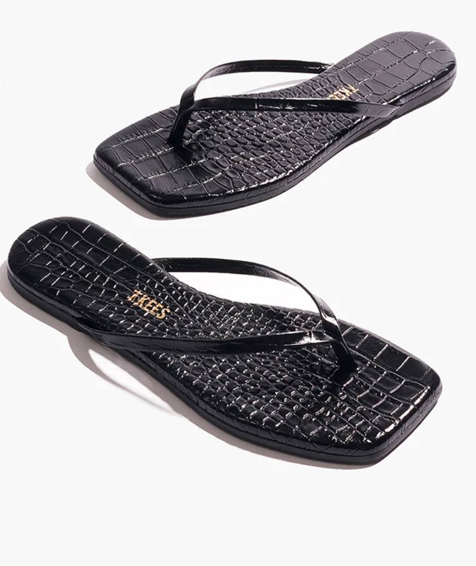 Lily Squares Croc Noir black leather thong sandals with croc embossing and cushioned sole