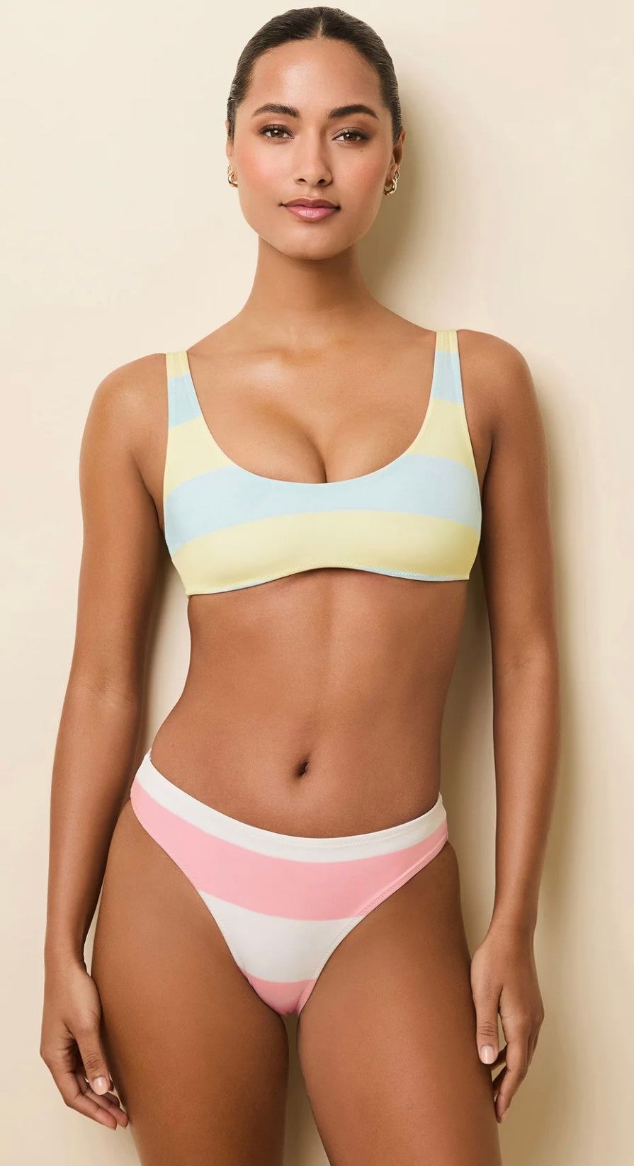 The Elle Reversible Gelato bikini with sporty pull-over top and low scoop front in pastel stripes