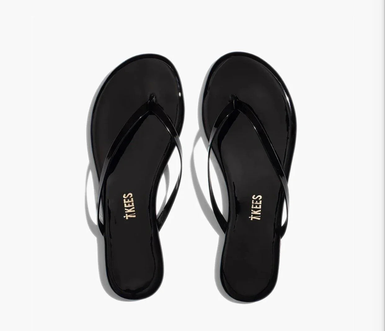 Gloss Licorice TKEES glossy black patent leather flip flop sandals with cushioned insoles and rubber outsole