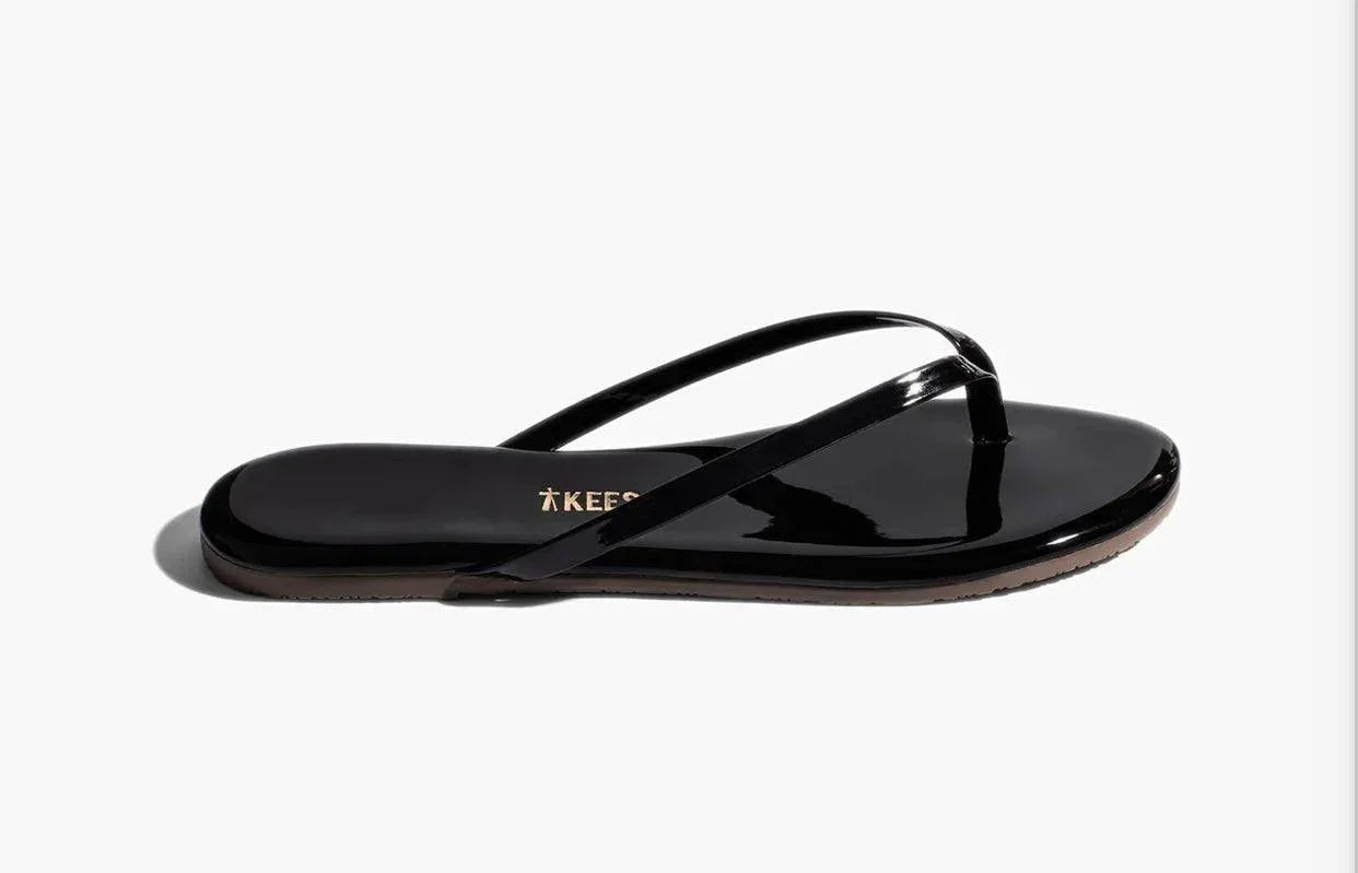 Gloss Licorice TKEES patent leather black flip flop sandal with cushioned insole and rubber outsole