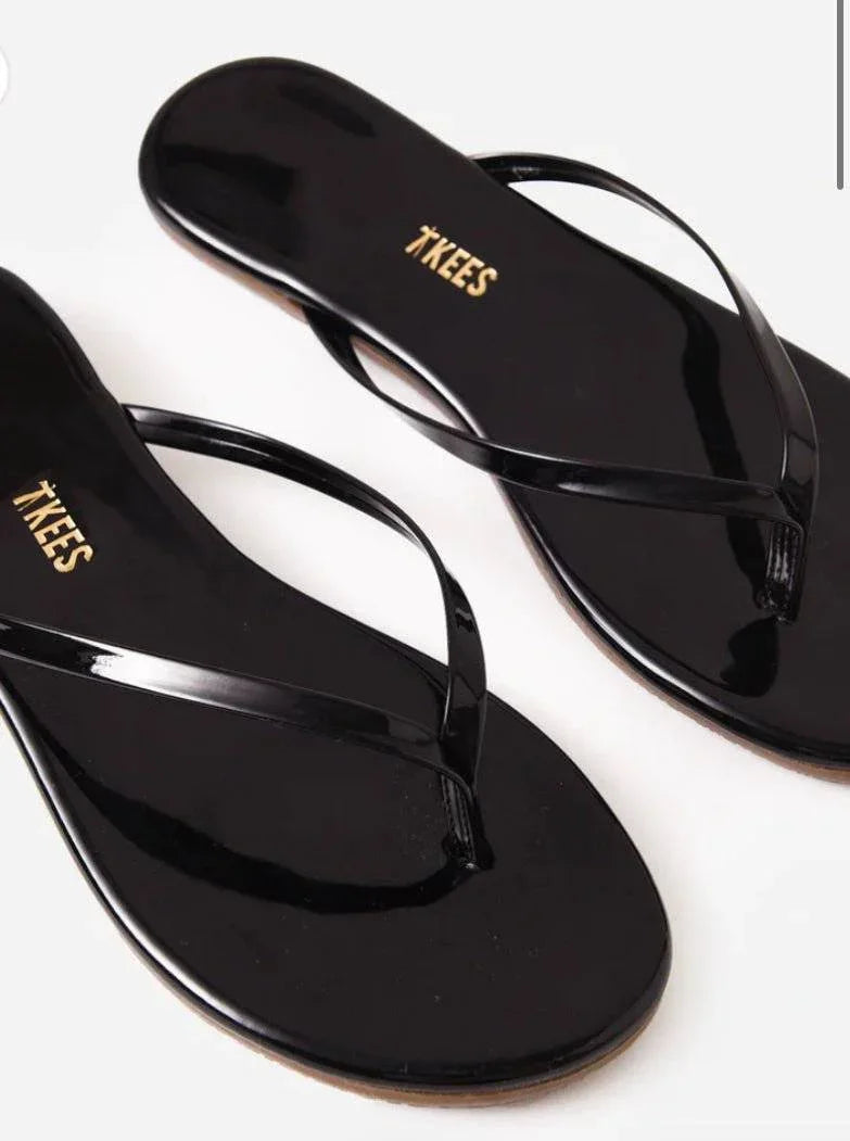 Gloss Licorice TKEES glossy black patent leather flip flop sandals with cushioned insoles