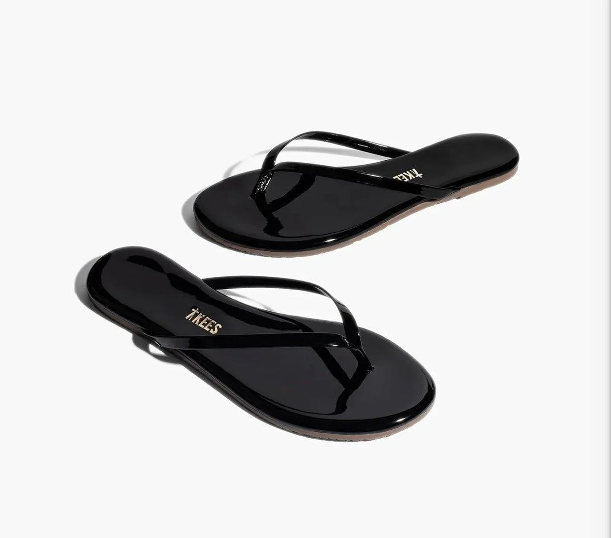 Gloss Licorice TKEES patent leather black flip flop sandals with cushioned insole and rubber outsole