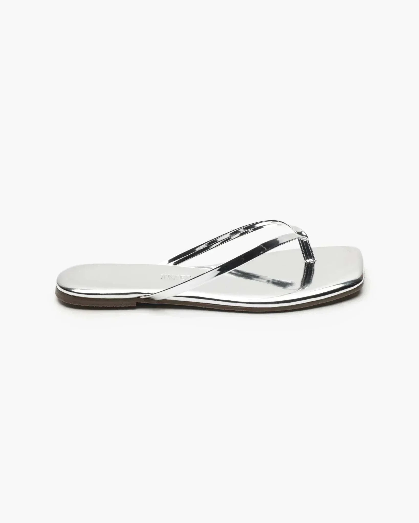 Silver mirrored Lily Square Toe flip-flop sandal with contemporary square toe design