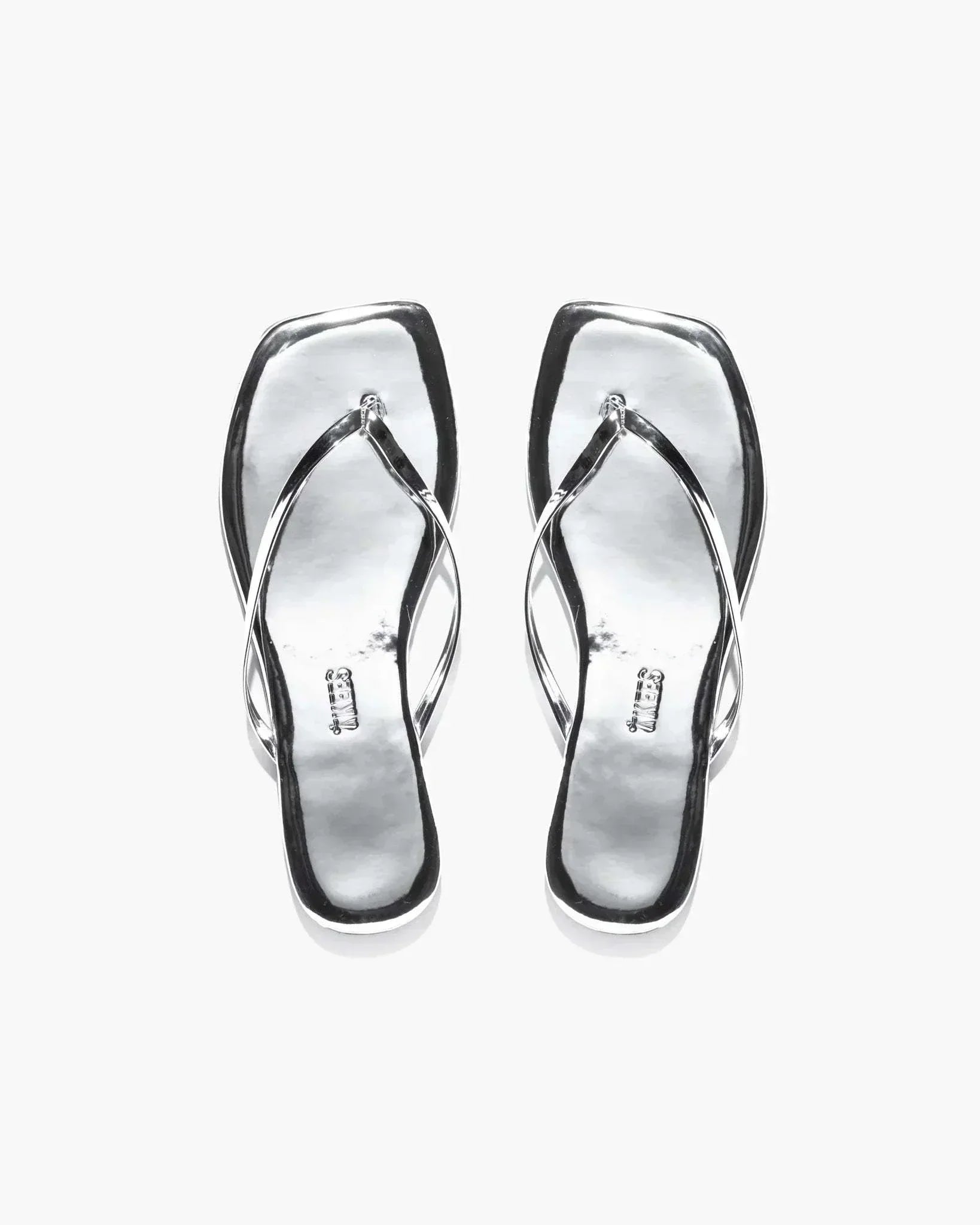 Lily Square Toe silver mirrored flip-flop sandals with contemporary square toe design