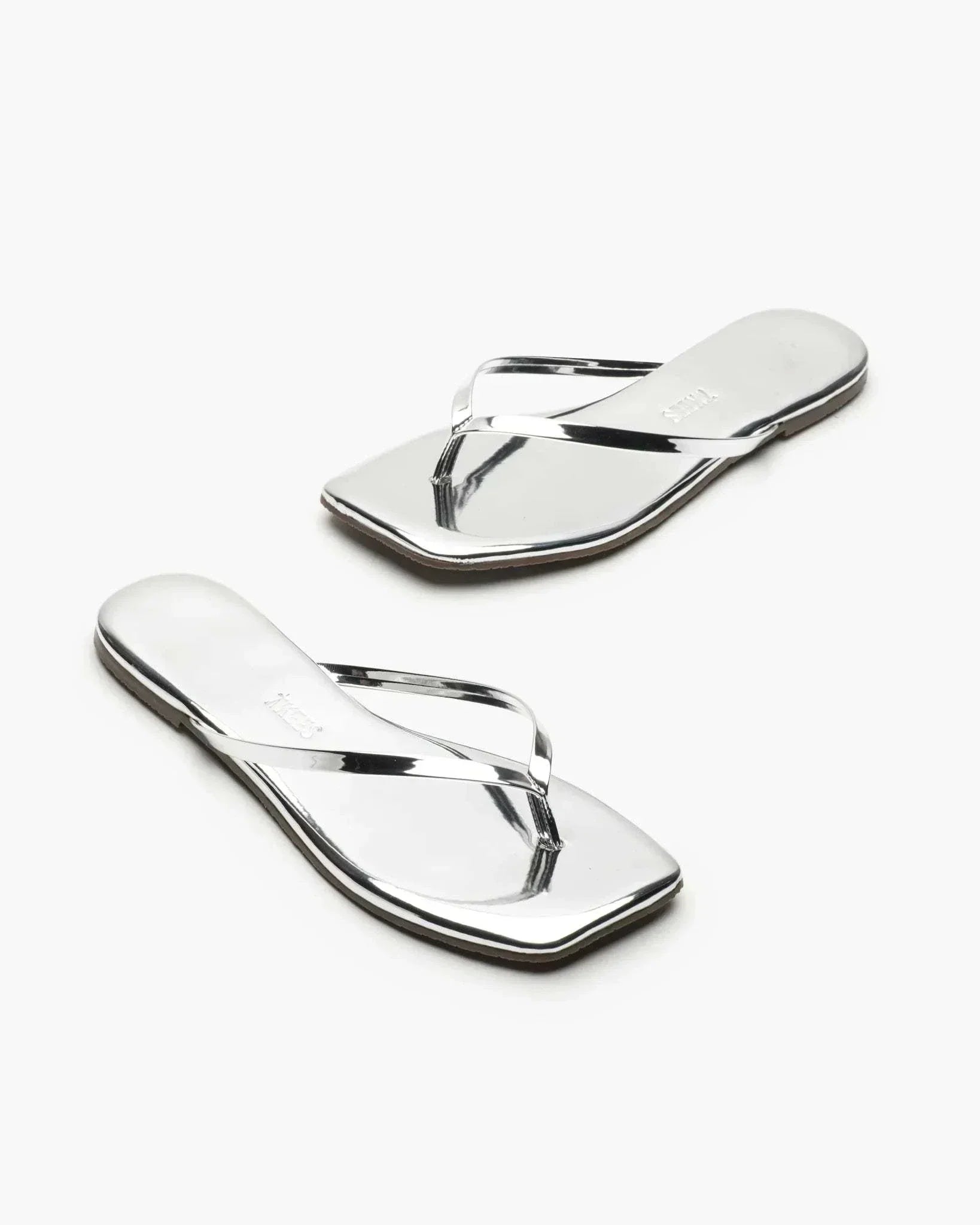 Lily Square Toe silver mirrored flip-flop sandals with contemporary square toe design