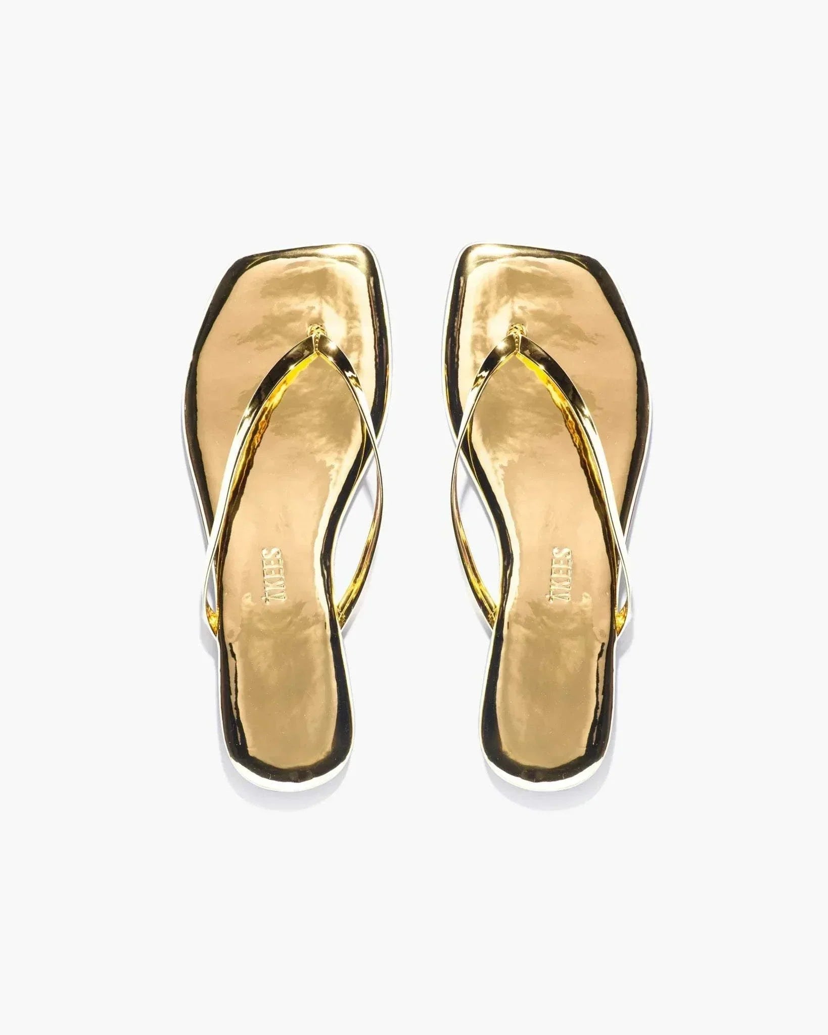 Lily Square Toe gold mirrored flip-flop sandals by TKEES with modern square toe design