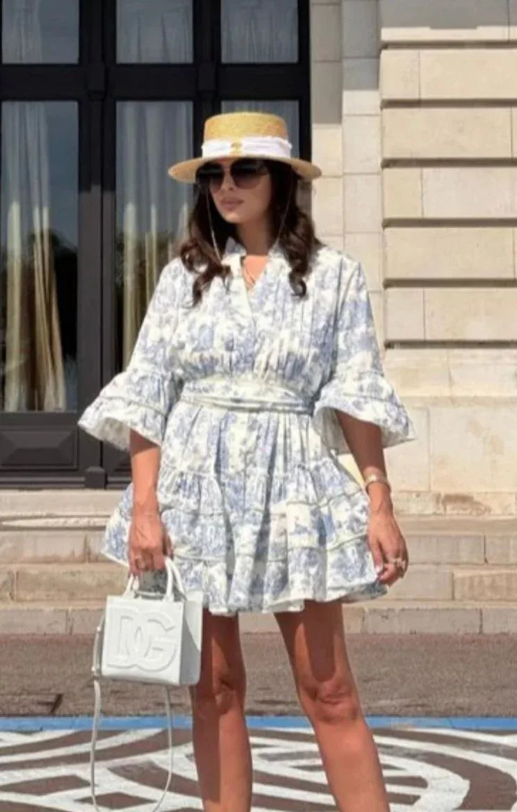 The Monte Carlo LIMITED EDITION blue and white French toile skater dress worn with a straw hat and sunglasses