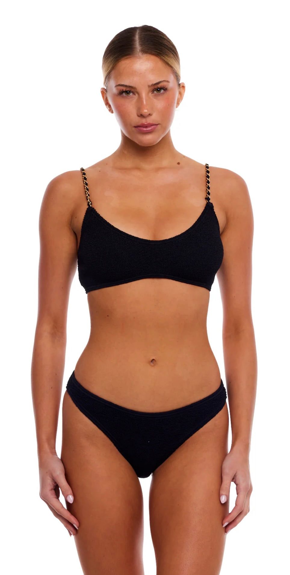 Woman wearing Bondi Gold Chain black bikini with gold chain straps
