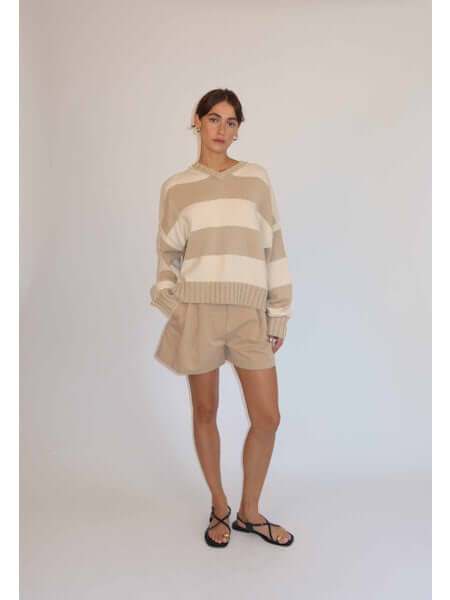The Reva Camel Stripe oversized cotton knit sweater with V-neck and ribbed cuffs