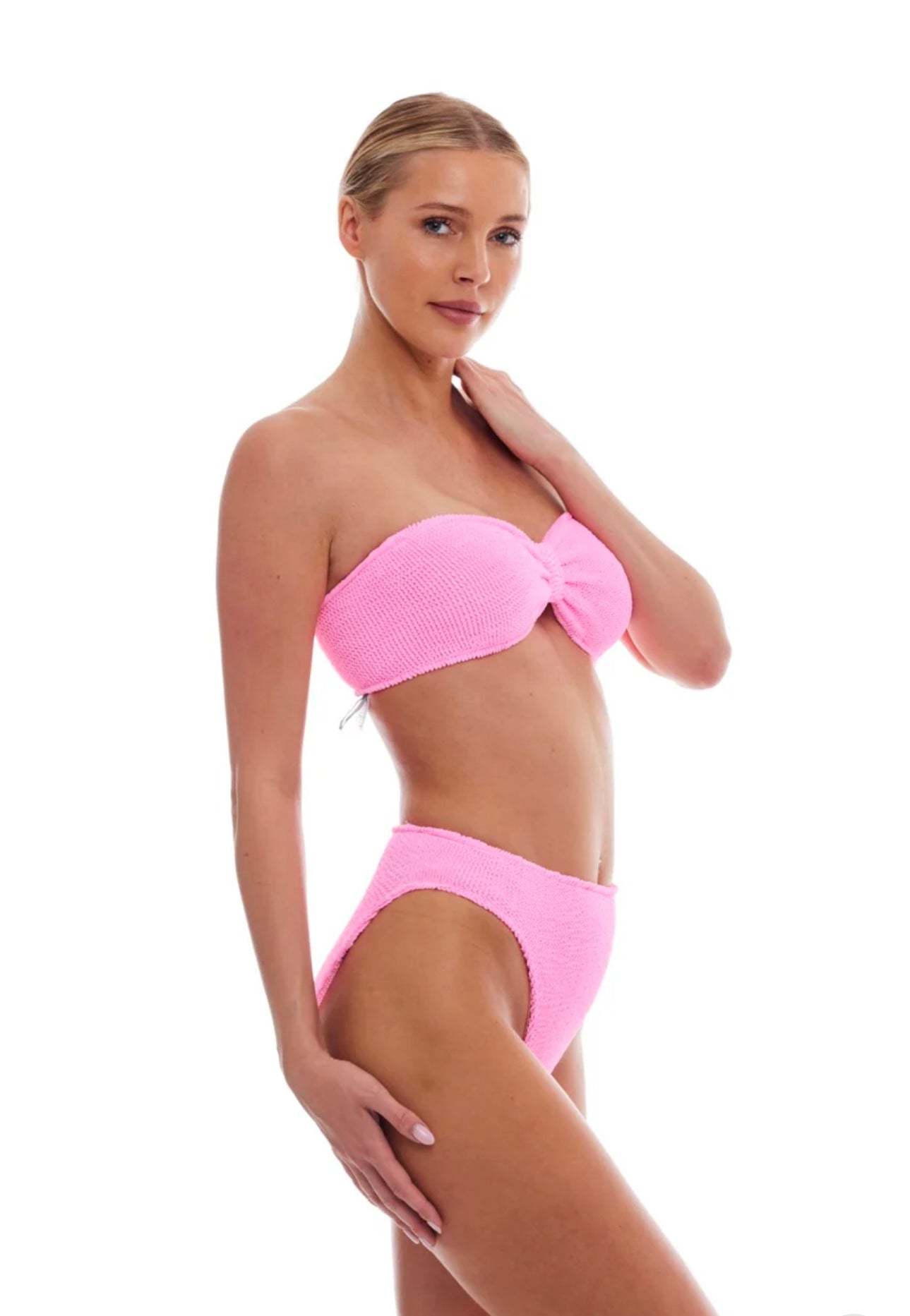 Palma Bandeau Bikini in strawberry pink worn by model by LOVE&BIKINIS