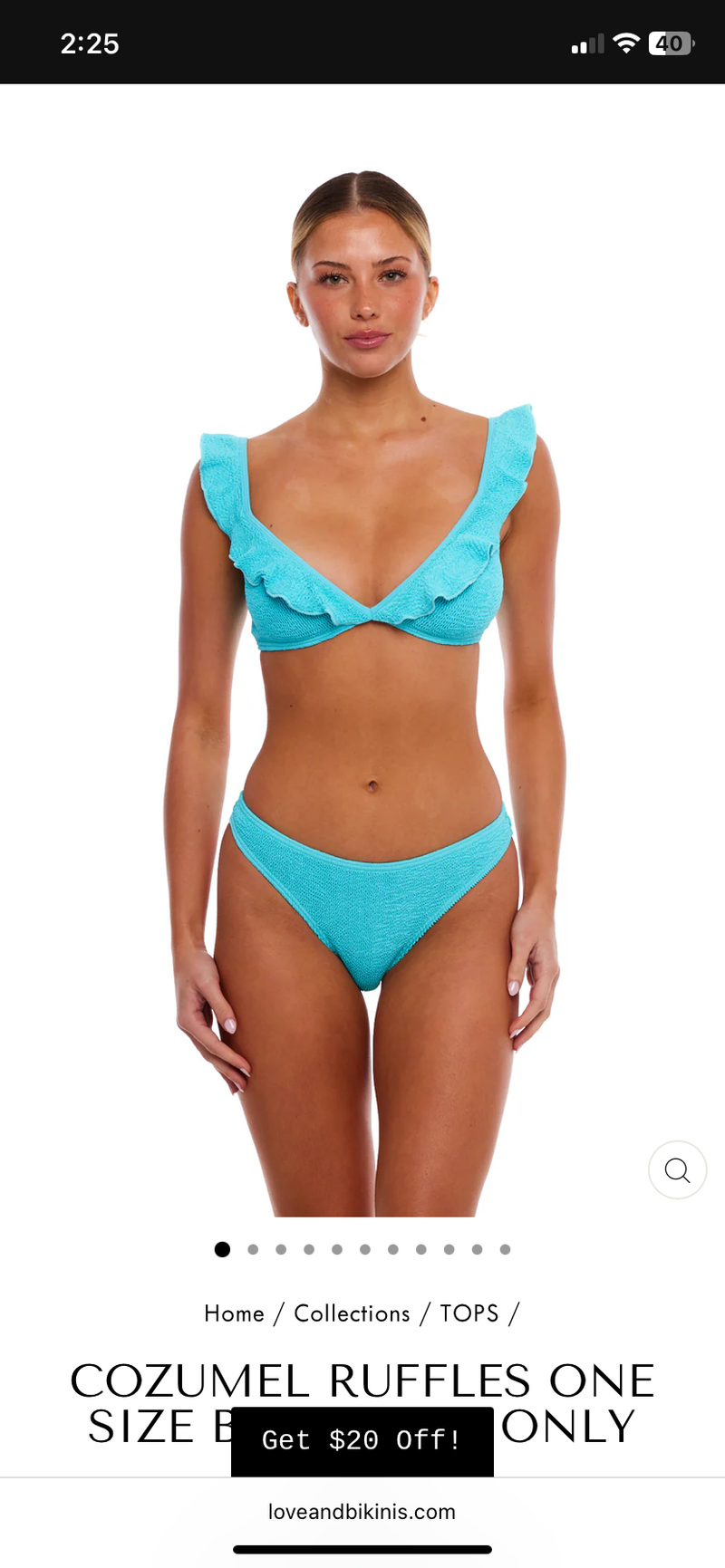 Woman modeling Cozumel Bikini Aqua with ruffled neckline and adjustable straps