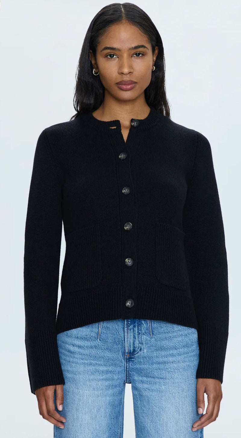 Woman wearing Dani Noir PISTOLA DENIM black button-front cardigan with cinched waist and premium knit texture