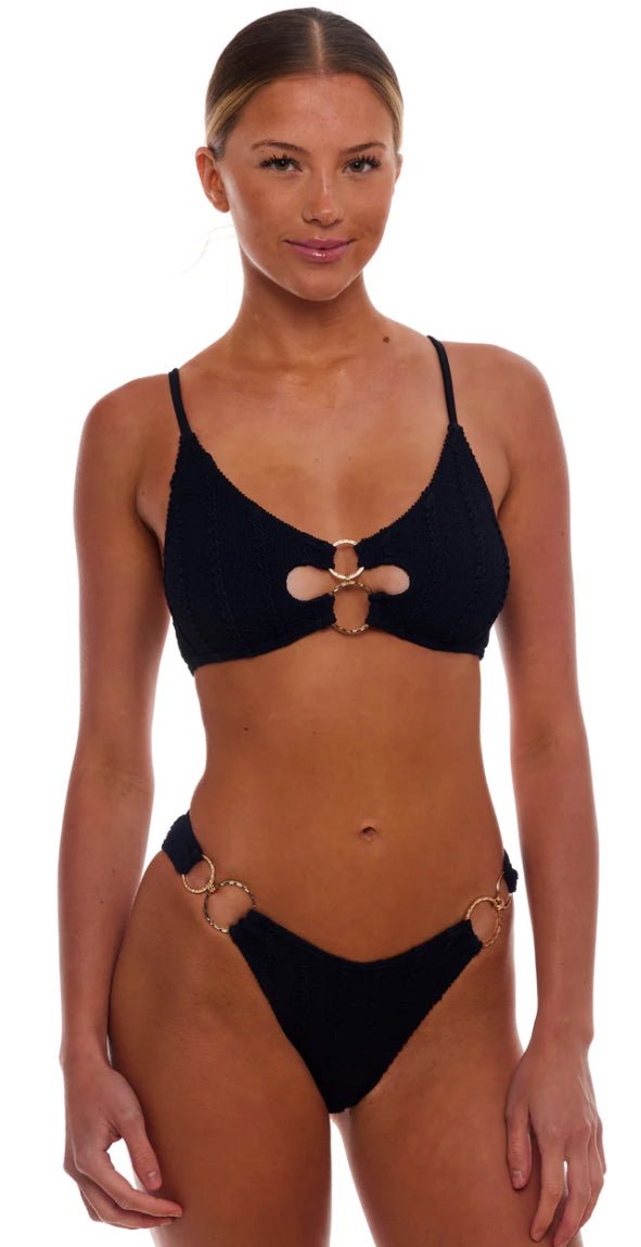 Woman wearing black Dubai Bikini by LOVE&BIKINIS with ring details