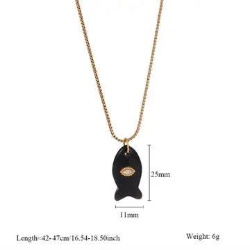 Mini fish necklace pendant on a gold chain with dimensions 25mm by 11mm and adjustable length 42-47cm.