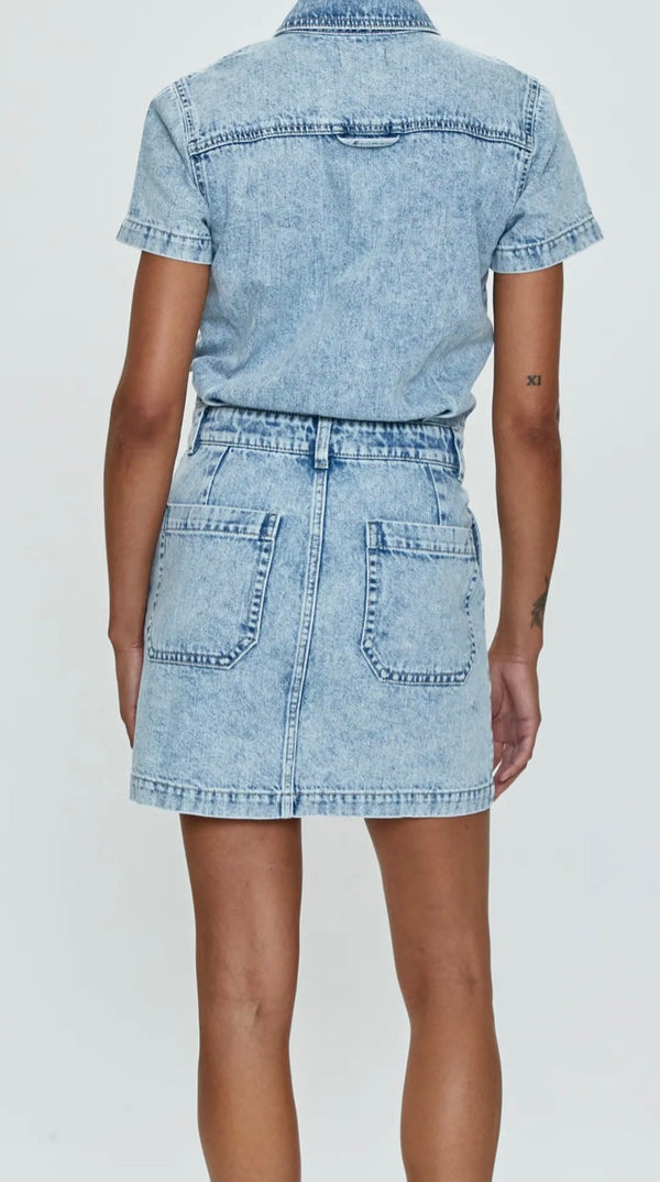 Back view of Brix Aviator Denim Dress in light blue washed denim by Pistola Denim