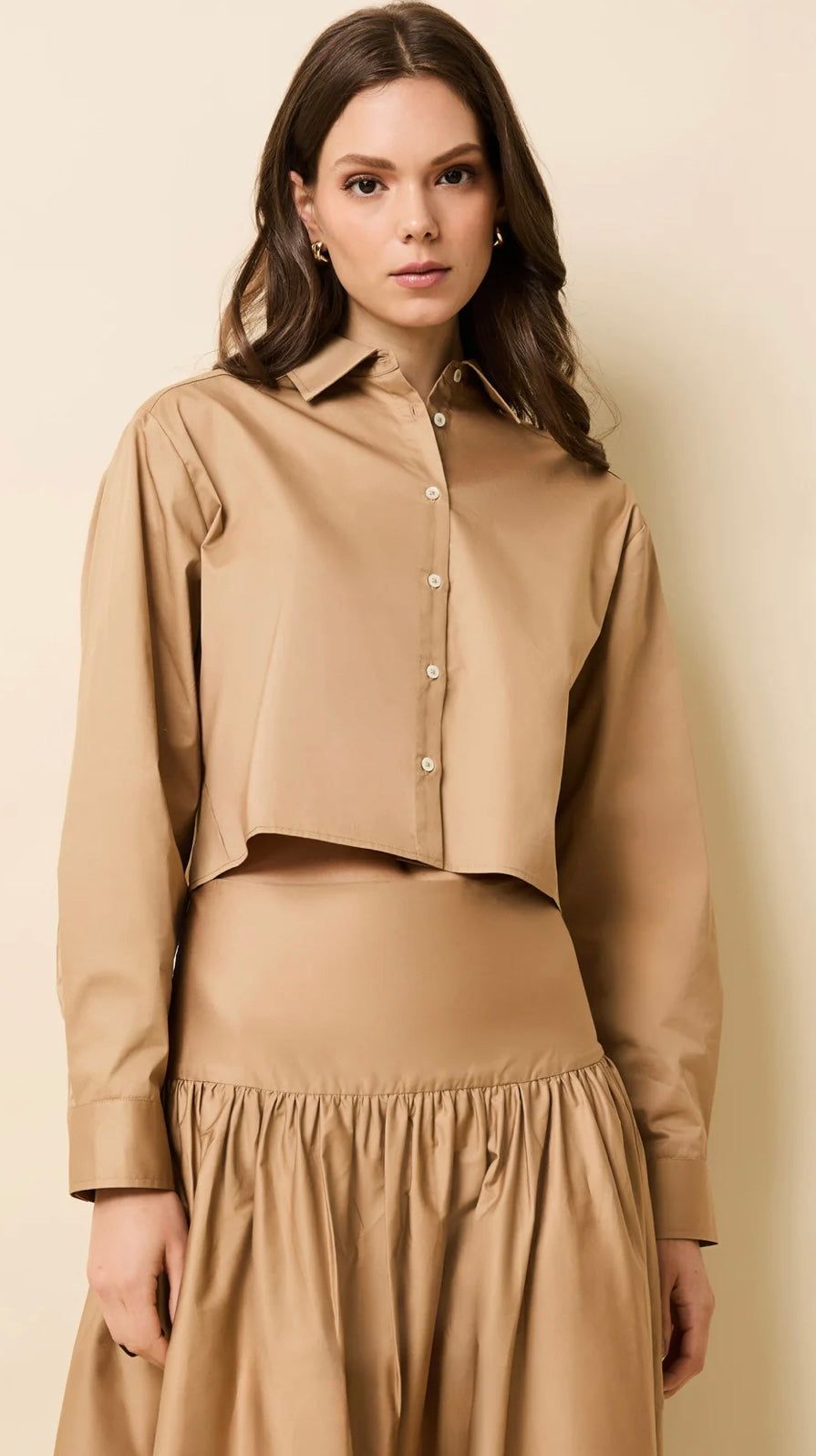 The Avril Shirt camel cropped button-down shirt with mother-of-pearl buttons and boxy fit