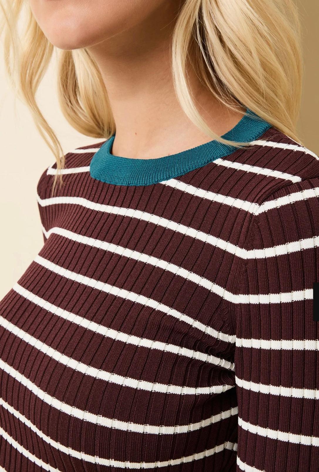 The Dora Top raisin brown ribbed knit sweater with white stripes and teal crew neckline