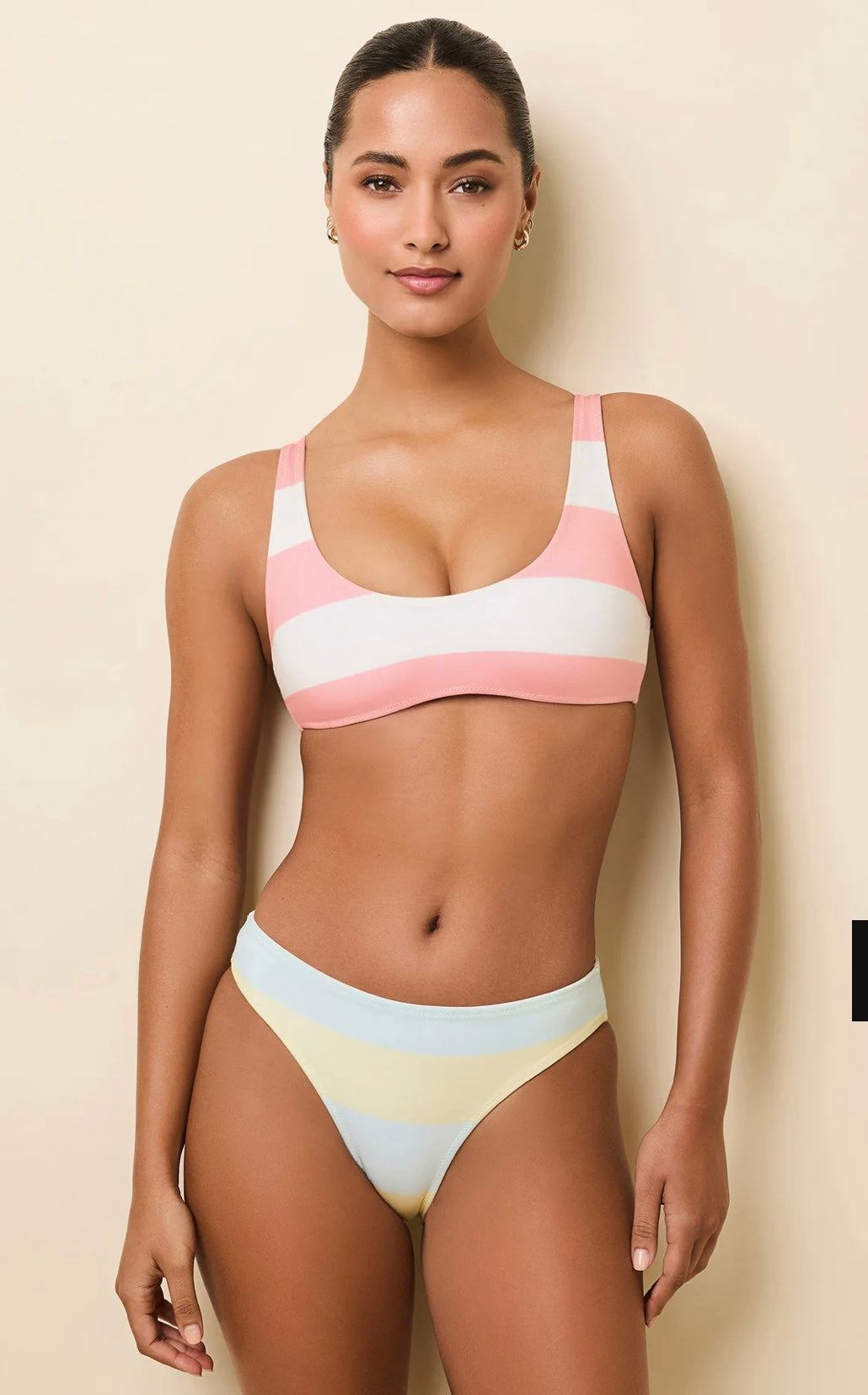 The Elle Reversible Gelato bikini with sporty scoop top and striped reversible design