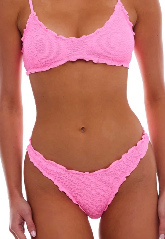 Cyprus Strawberry Pink textured bikini set with ruffled edges on model