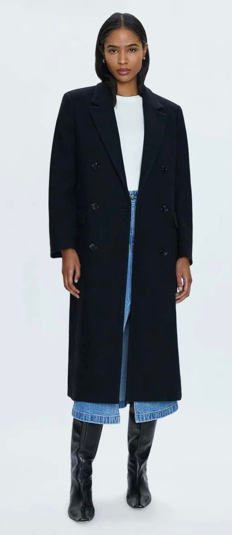 Women wearing Prescott Coat Noir double breasted wool blend long coat with padded shoulders and collared neck