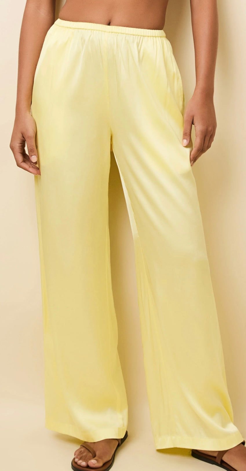 The Monaco Pants in custard satin with relaxed fit and elastic waistband