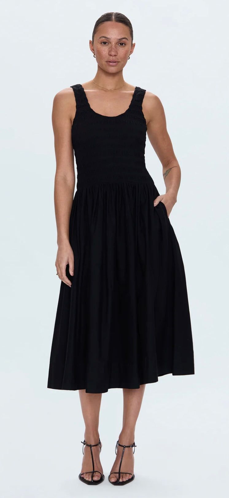 Alessia Dress noir black tank dress with ruched midi skirt and fitted bodice