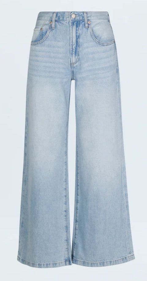 Jadyn Low Slung Palazzo Jeans in light blue denim with relaxed wide-leg fit and vintage fading