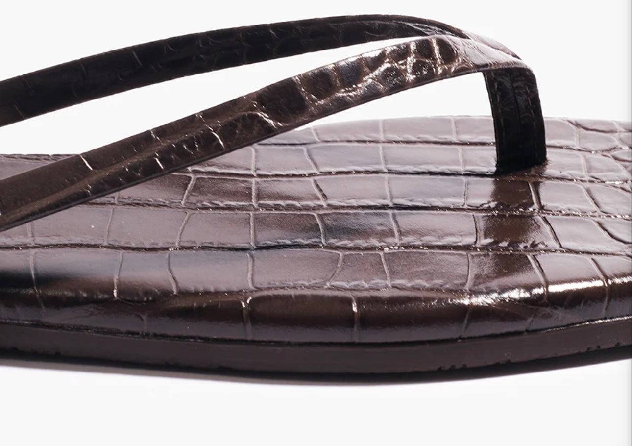 Close-up of Lily Squares croc embossed leather sandal in brown with cushioned insole and rubber outsole