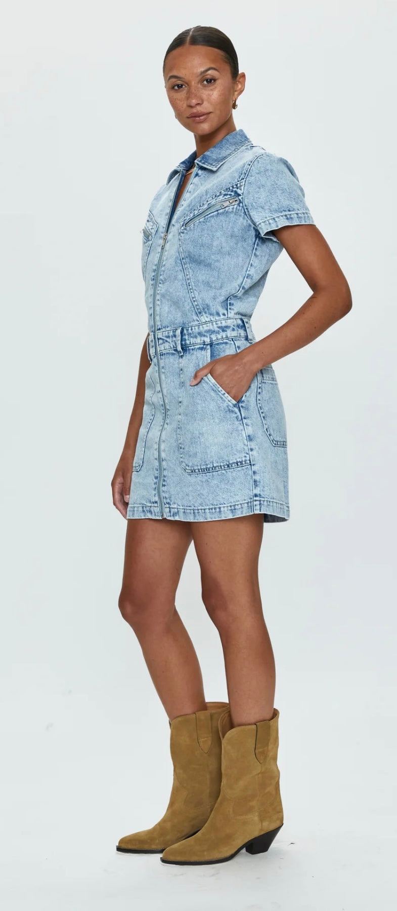 Brix Aviator Denim Dress moonwashed mini dress with zip front and patch pockets