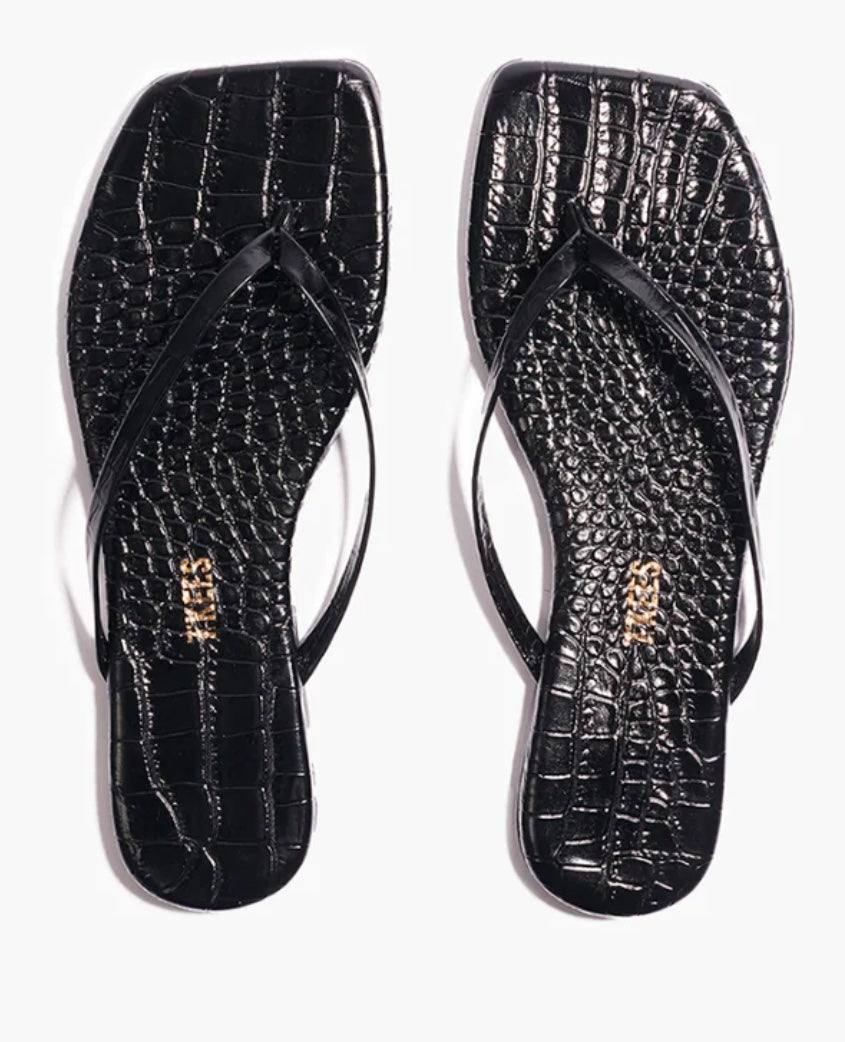Black Lily Squares Croc embossed leather sandals with cushioned insoles and rubber outsoles