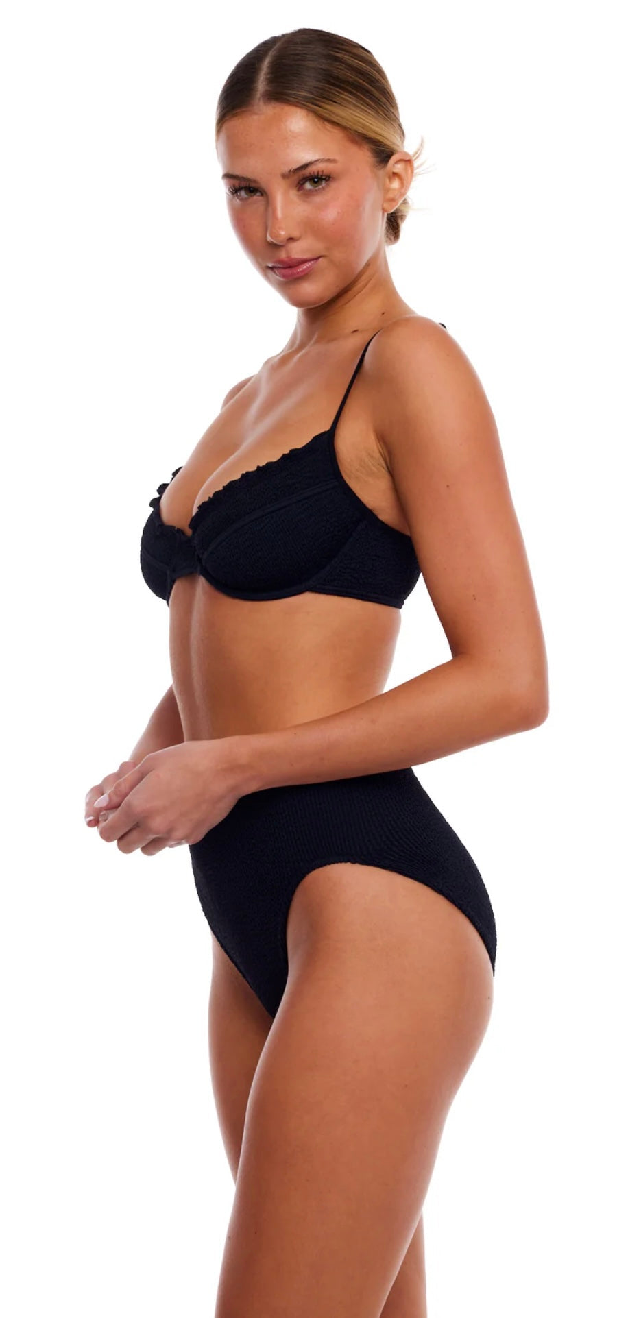 Woman modeling Malibu Scallop underwire black bikini set with scalloped edges