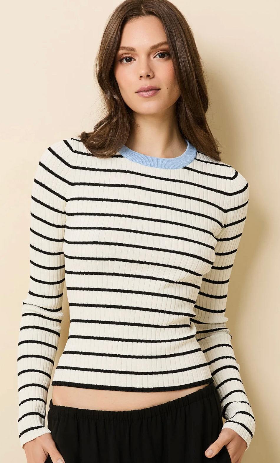 The Dora Top Brulé by SOLID&STRIPED ribbed knit striped sweater with blue neckline