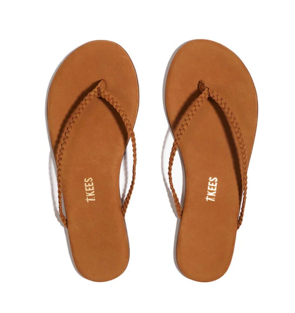 Lily Braided Camel TKEES soft leather sandals with classic braided straps and suede footbed