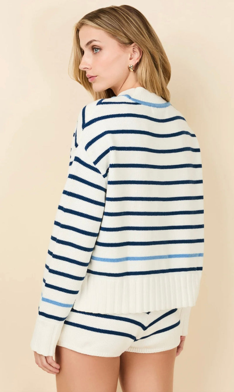 The Maxine Sweater blue and white striped cotton wool blend sweater with wide ribbed cuffs and drop shoulder details