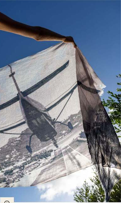 Cashmere "St Barth Landing" scarf with aerial island landing print against sky background