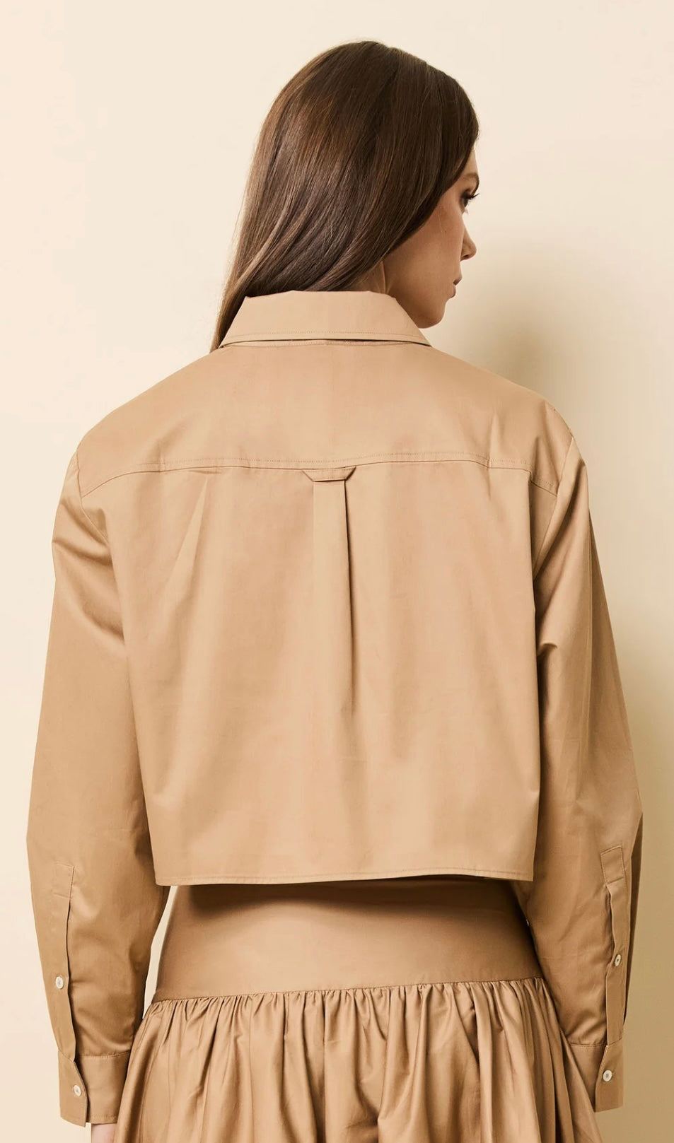 The Avril Shirt camel cropped boxy fit button-down shirt with side slits and mother-of-pearl buttons