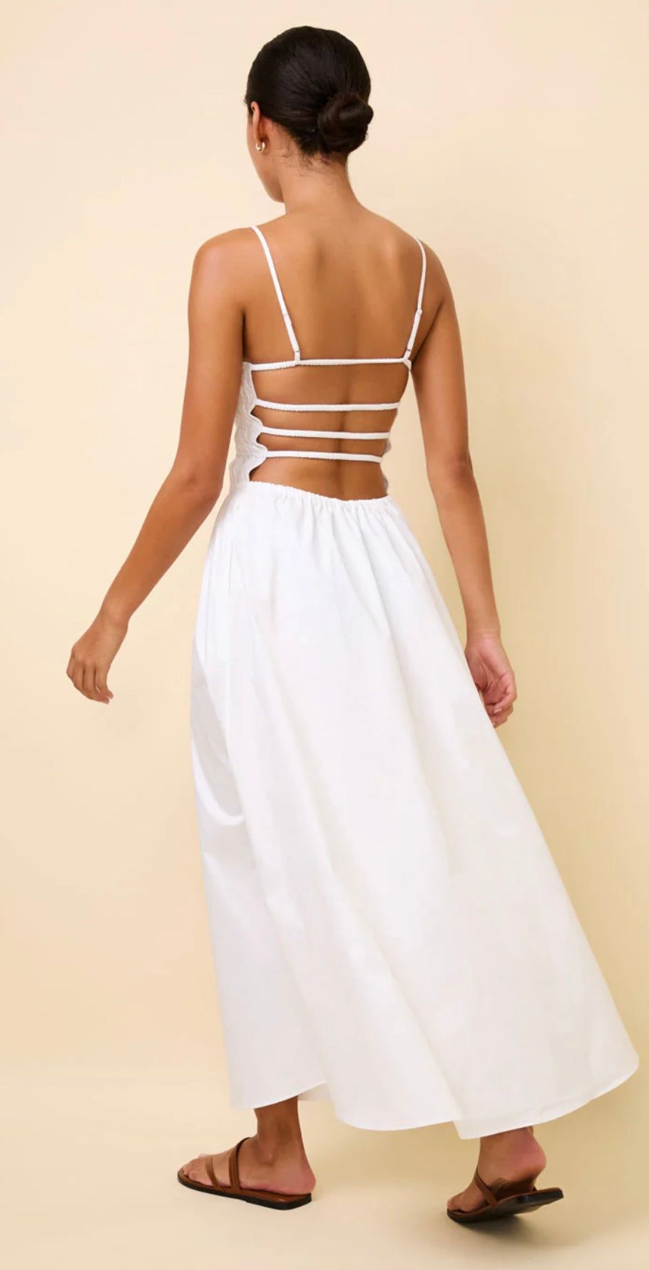 Back view of The Delta White SOLID&STRIPED midi dress with smocked bodice, adjustable straps, and relaxed skirt.