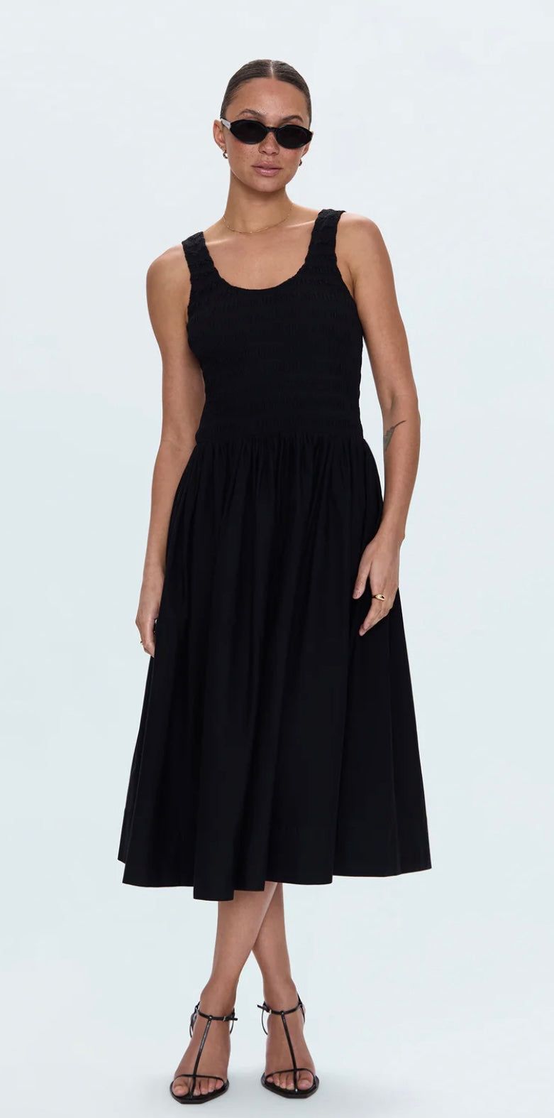 Model wearing Alessia Dress Noir PISTOLA DENIM black tank midi dress with ruched skirt and smoked elasticated bodice