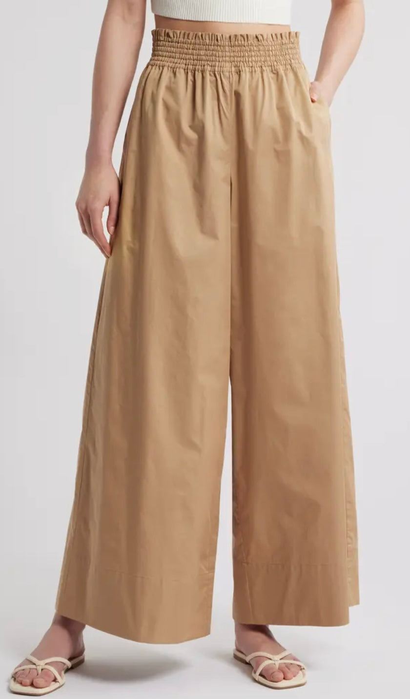 The Twyla Pants camel palazzo with high-waisted smocked waistband and front pockets