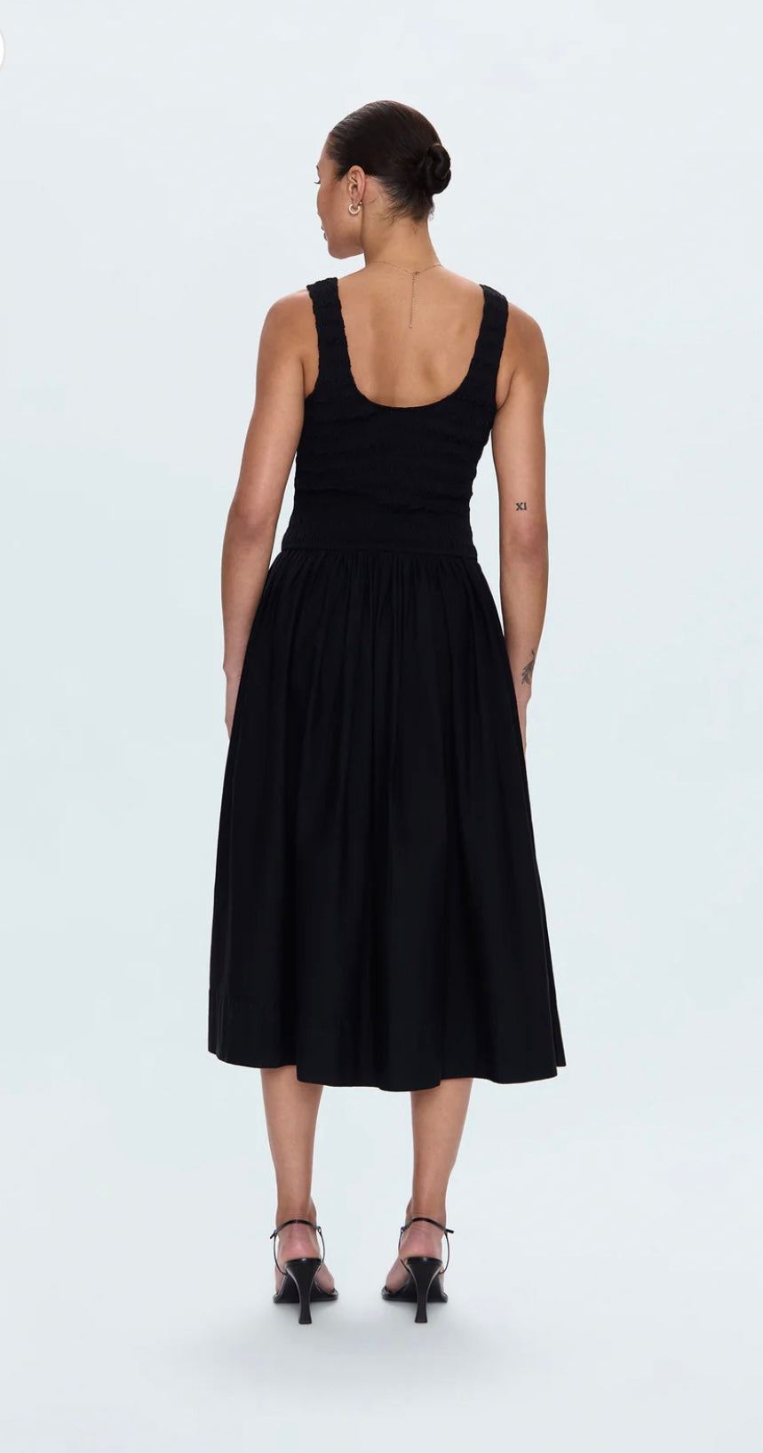 Back view of Alessia Dress Noir black tank midi dress with ruched skirt by PISTOLA DENIM