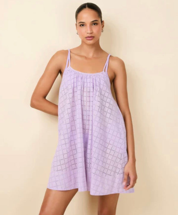 The Lindsay Dress lavender sleeveless summer dress with thin straps and subtle grid pattern
