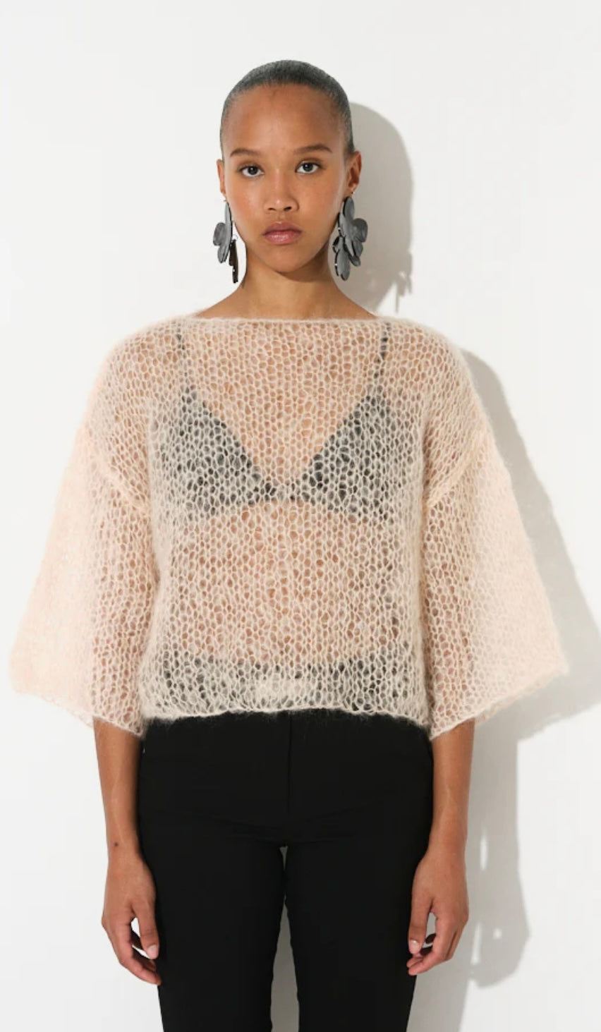 Lightweight mohair T-shirt in soft butter color with 3/4 sleeves and oversized fit by MAIAMI Berlin