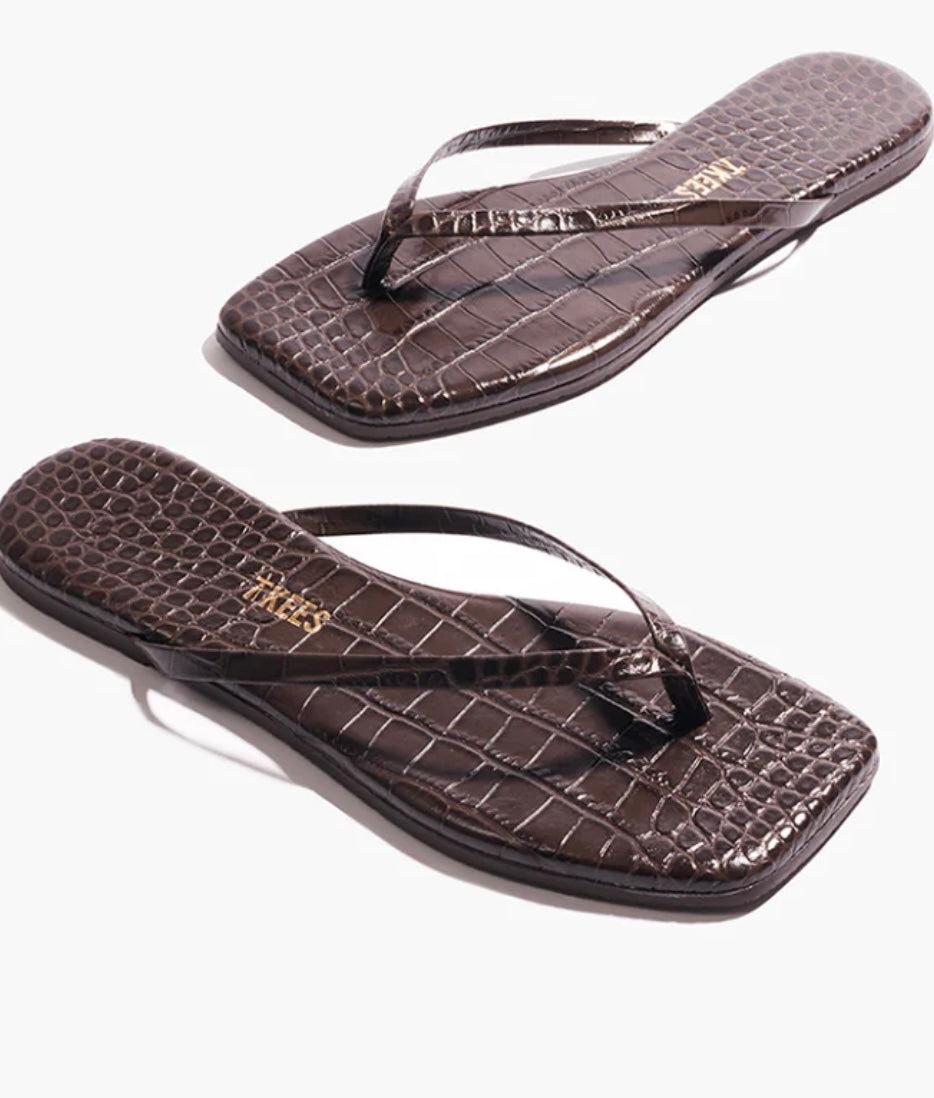 Lily Squares croc embossed leather sandals in brown with cushioned insole and rubber outsole
