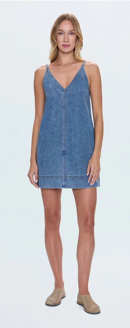 Tavi Pop Over Dress in classic rigid denim with V-neck and pockets