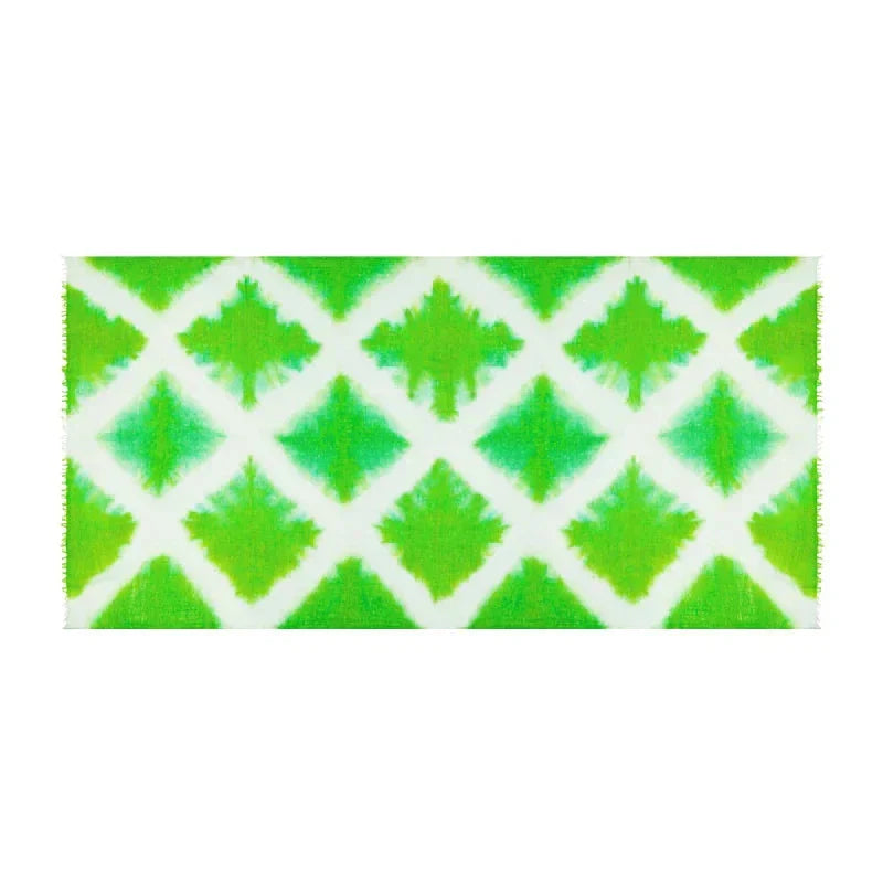 Chartreuse green cashmere dip dye shawl with geometric pattern handcrafted in Nepal