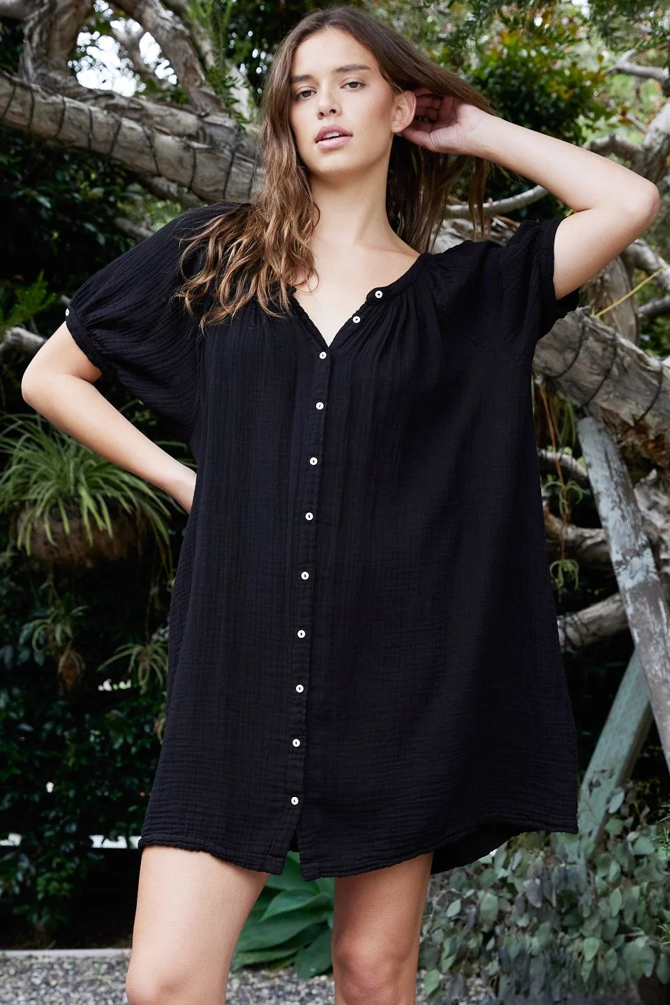 Sifnos Puff sleeve Button Down Mini Black 9SEED