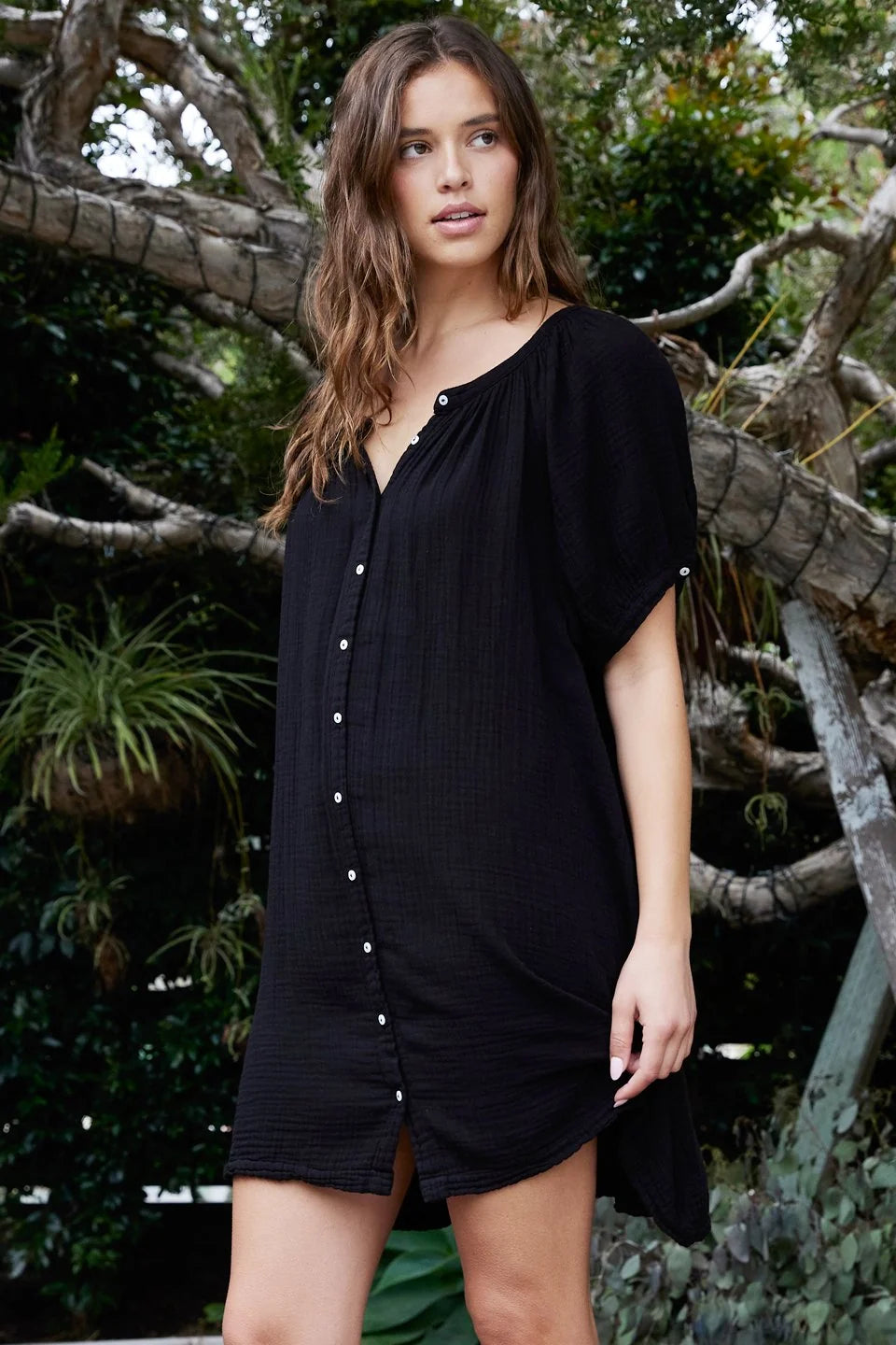 Sifnos Puff sleeve Button Down Mini Black 9SEED
