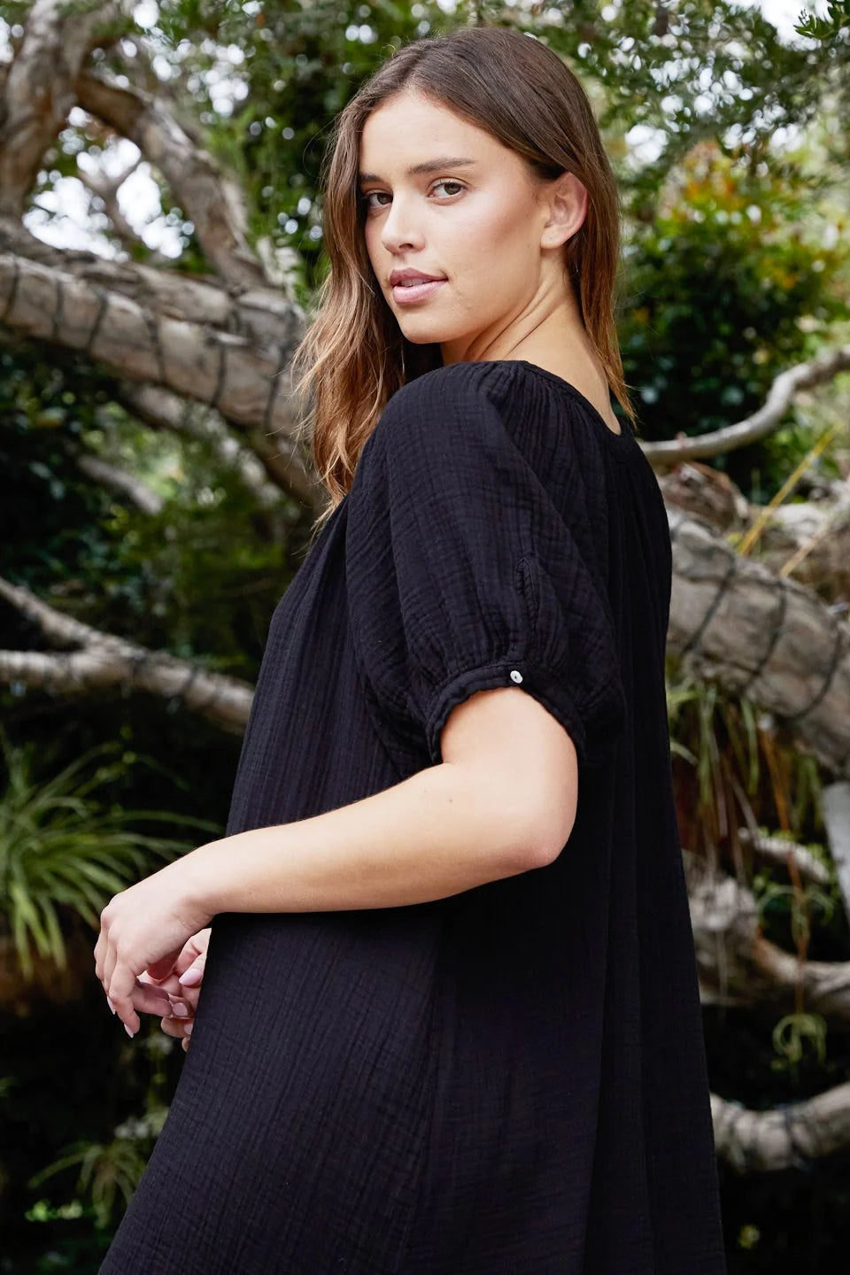 Sifnos Puff sleeve Button Down Mini Black 9SEED