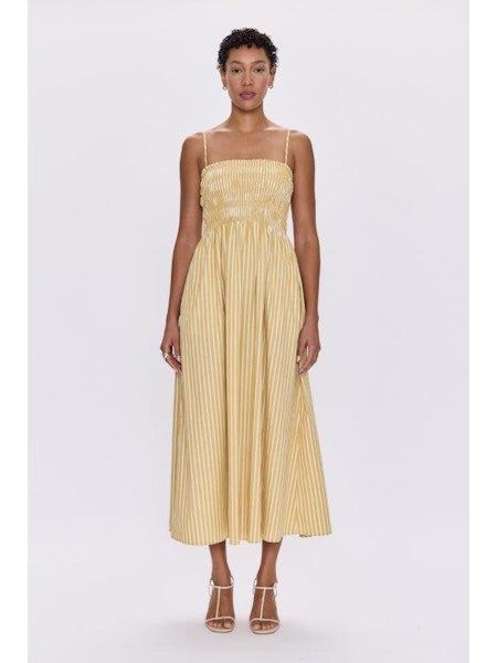 Woman wearing Bianca Beach Sand Stripe Dress by PISTOLA DENIM with lightweight cotton and pockets
