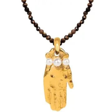 Mini fish and Hamsa gold pendant necklace with pearls on beaded chain